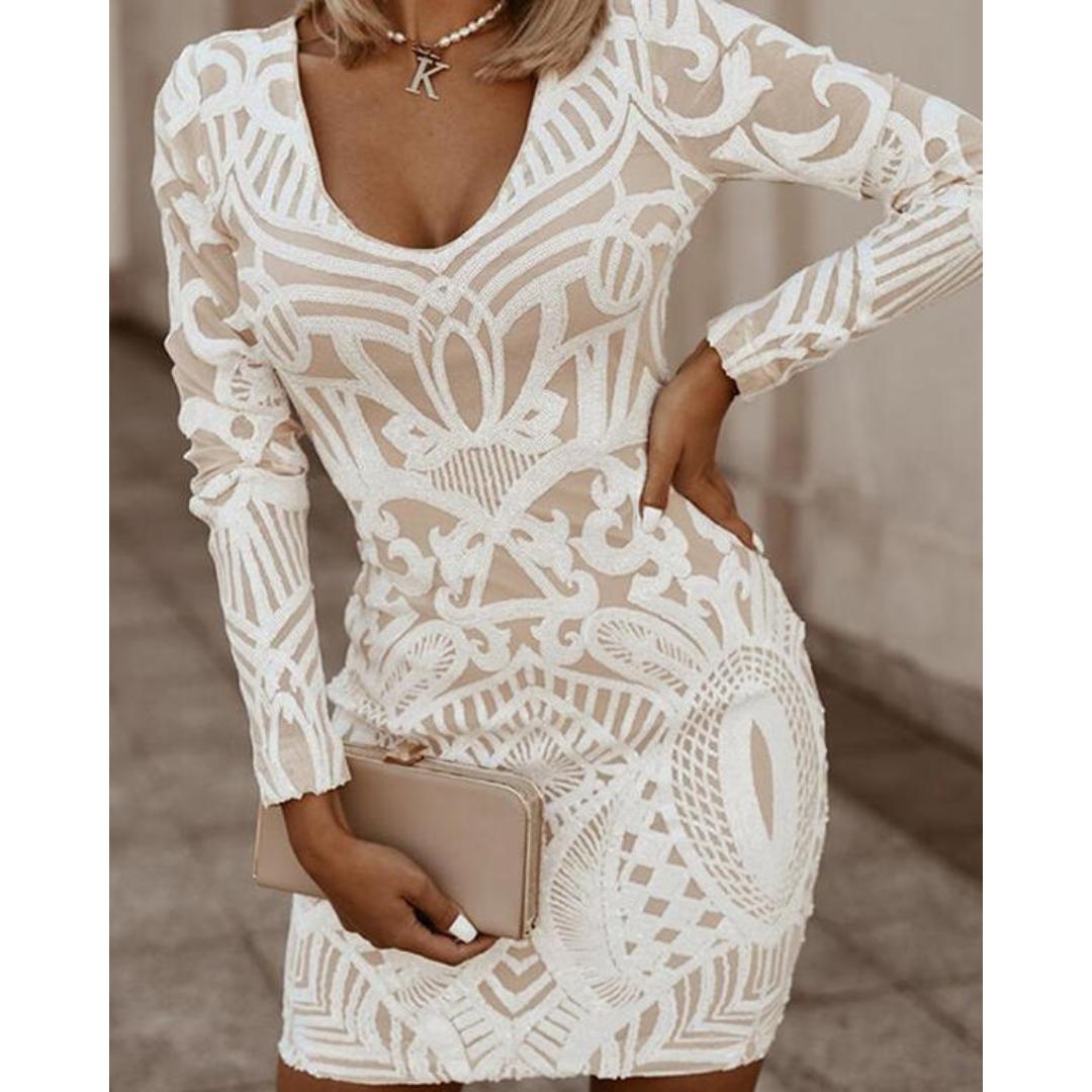 Lace Bodycon Mini Dress | Long Sleeve | Elegant Textured Knit