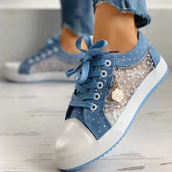 Lace Panel Sneakers | Polka Dot Trim & Ribbon Laces | Breathable Casual Sole