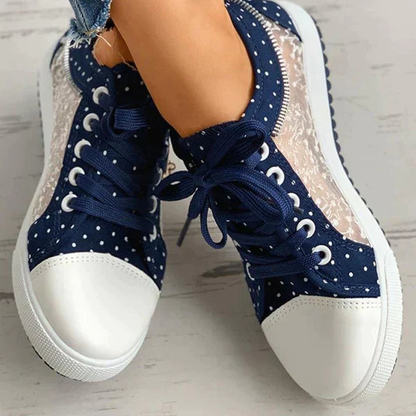 Lace Panel Sneakers | Polka Dot Trim & Ribbon Laces | Breathable Casual Sole