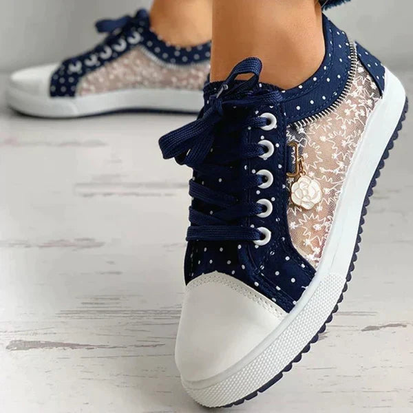 Lace Panel Sneakers | Polka Dot Trim & Ribbon Laces | Breathable Casual Sole