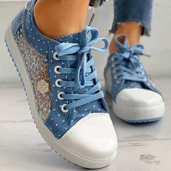 Lace Panel Sneakers | Polka Dot Trim & Ribbon Laces | Breathable Casual Sole
