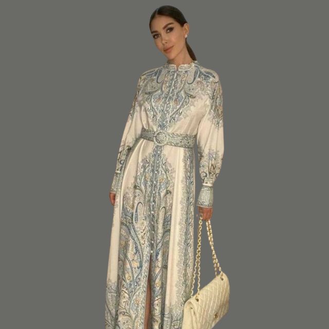 Satin Belted Maxi Dress | Paisley Print Shirt Dress | Long Sleeve Formal Fit