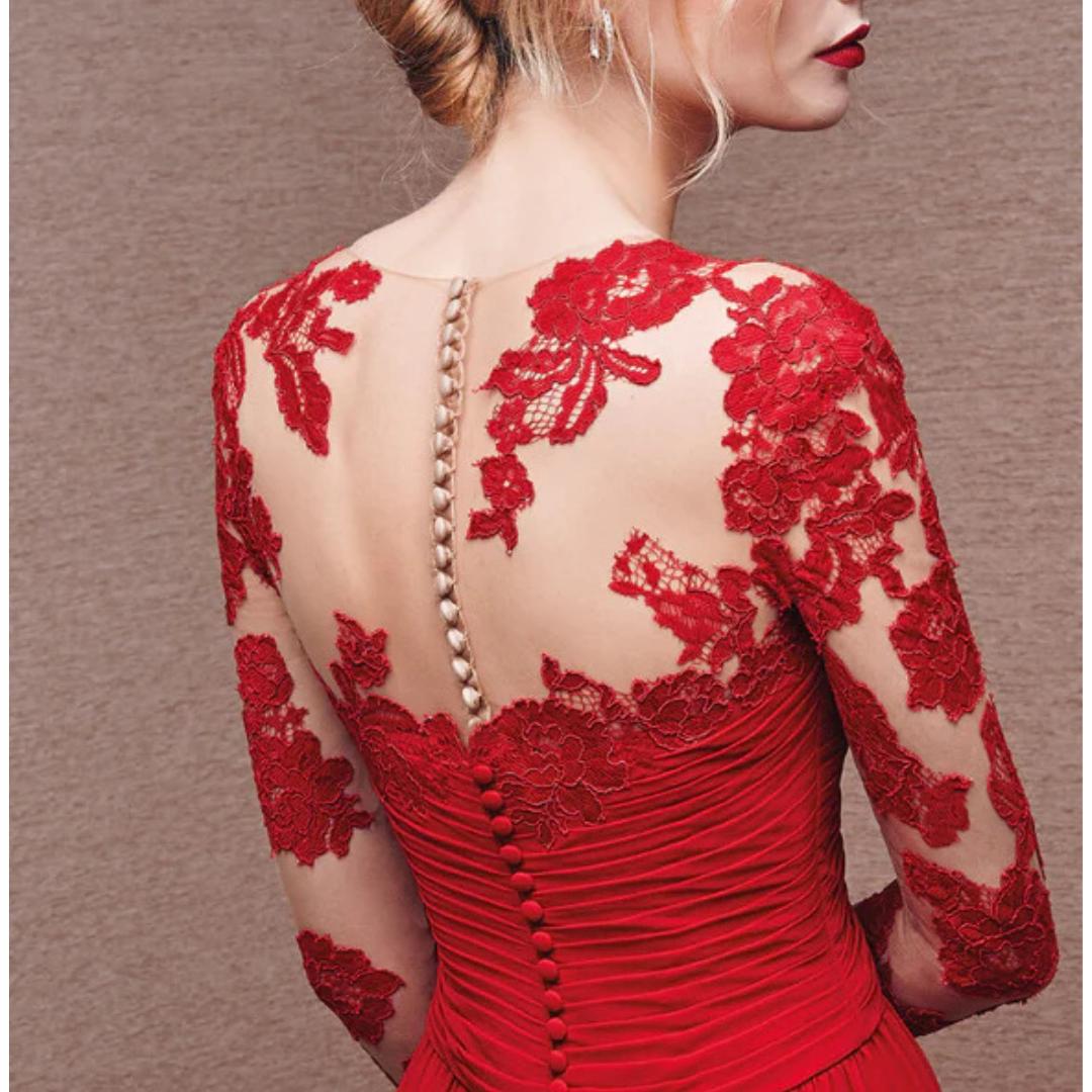 Lace Bodice Evening Gown | Long Sleeve Chiffon Maxi | Elegant Formal Dress