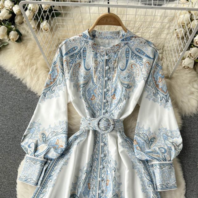 Satin Belted Maxi Dress | Paisley Print Shirt Dress | Long Sleeve Formal Fit