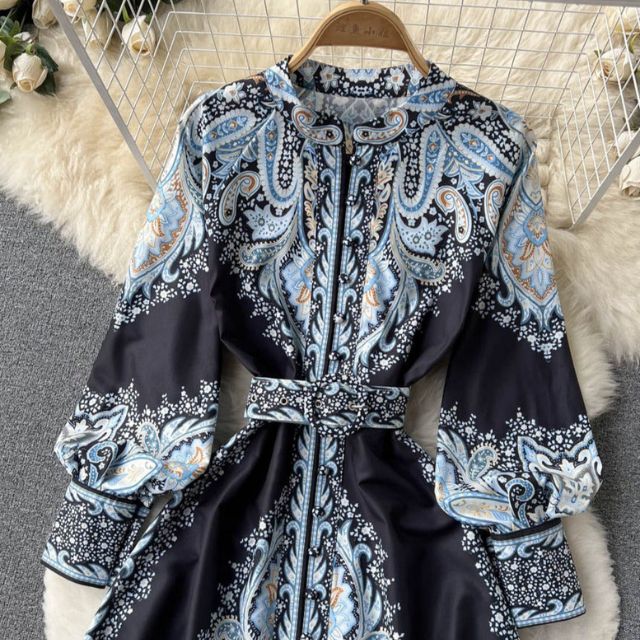 Satin Belted Maxi Dress | Paisley Print Shirt Dress | Long Sleeve Formal Fit