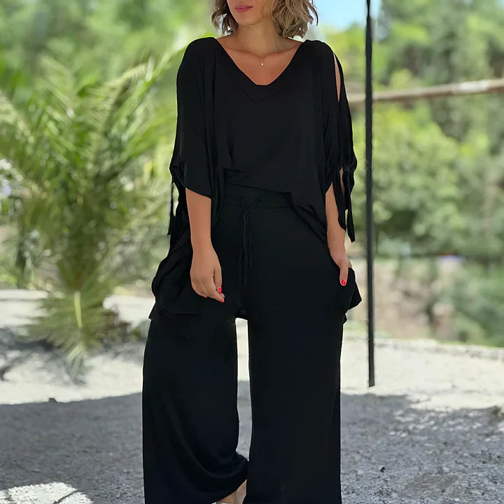 Wide-Leg Lounge Set | Flowy V-Neck Top & Relaxed Pants | Lightweight Two-Piece Outfit