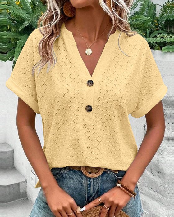 Textured Button V-Neck Blouse | Rolled Sleeve | Lightweight Summer Top