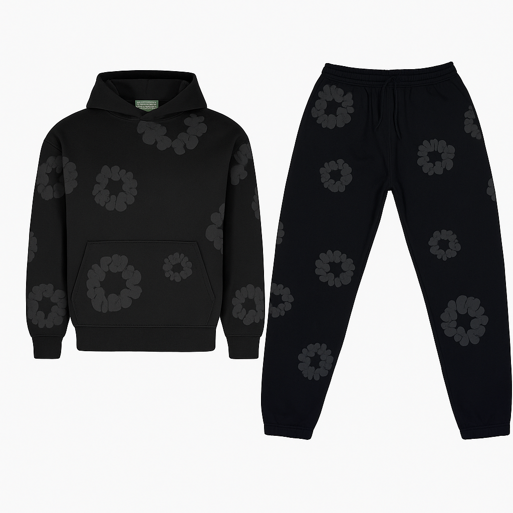 Unisex Daisy Print Tracksuit Set | Fleece Hoodie & Joggers in Soft Grey