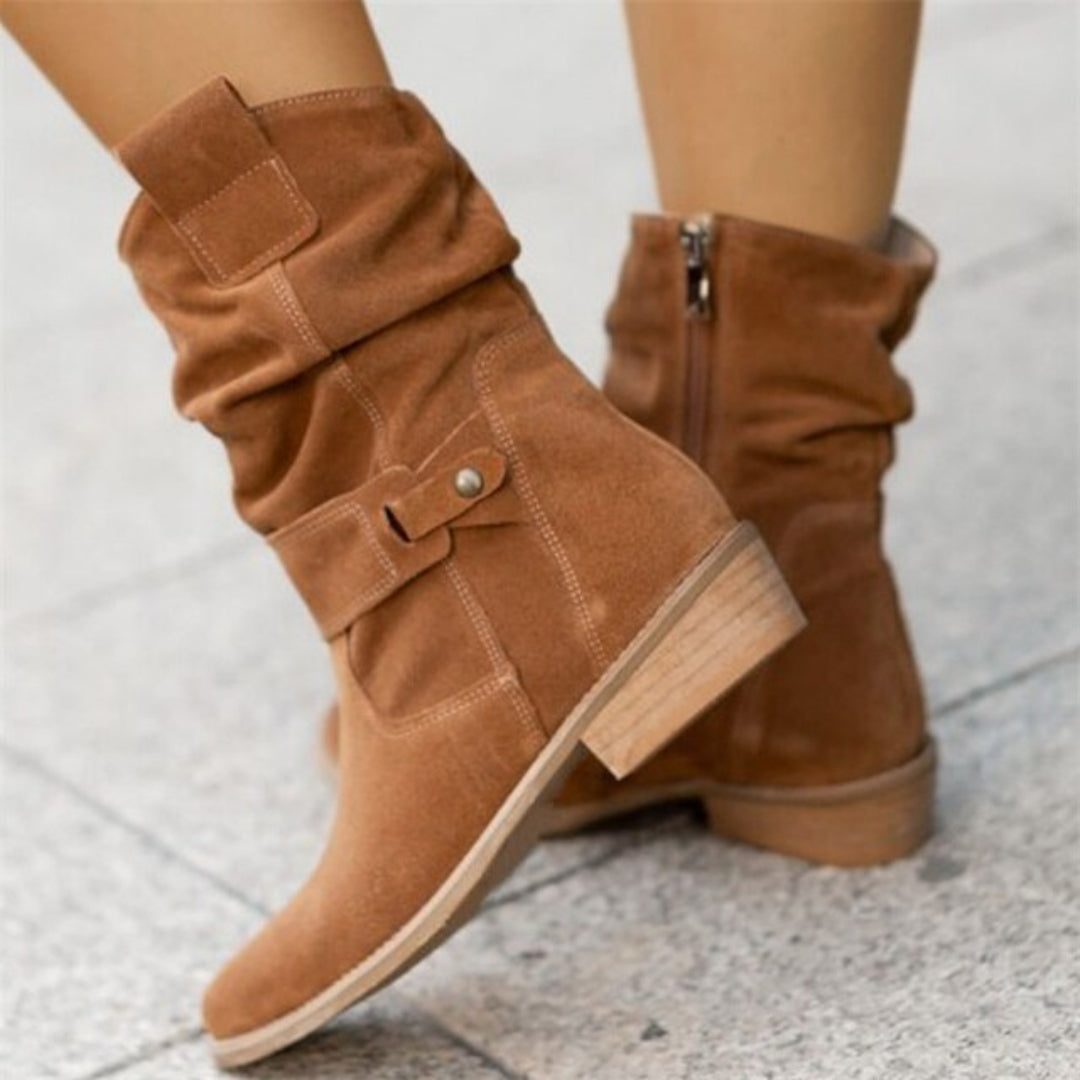 Mid-Calf Slouch Boots | Microsuede | Low Block Heel Zip-Up