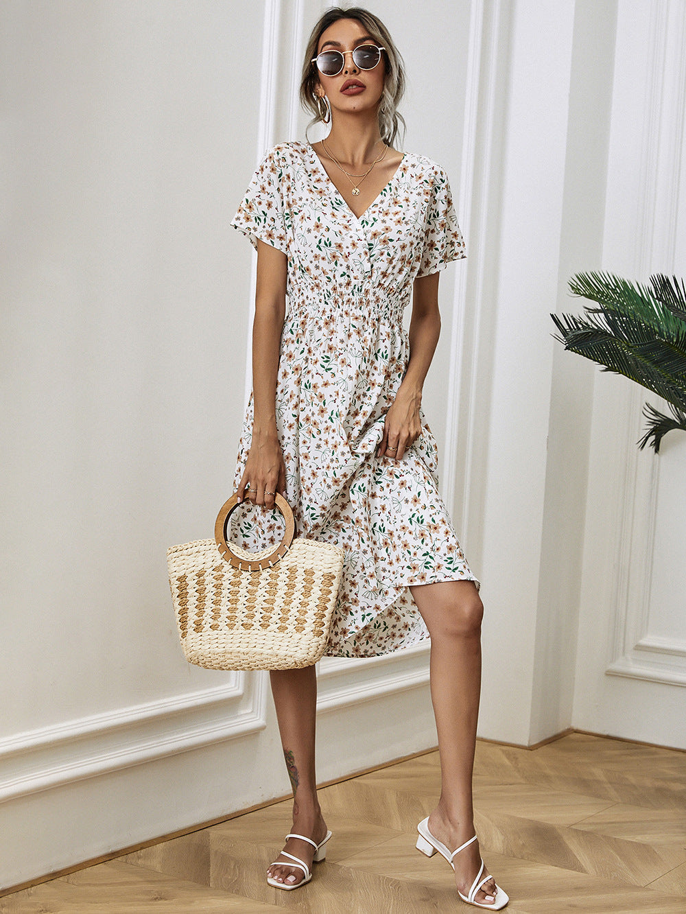 Floral V-Neck Midi Dress | Lightweight Summer Style | Cinched Waist