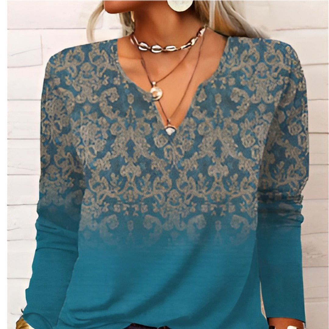 Printed V-Neck Blouse | Lightweight Drape | Tribal-Inspired Pattern