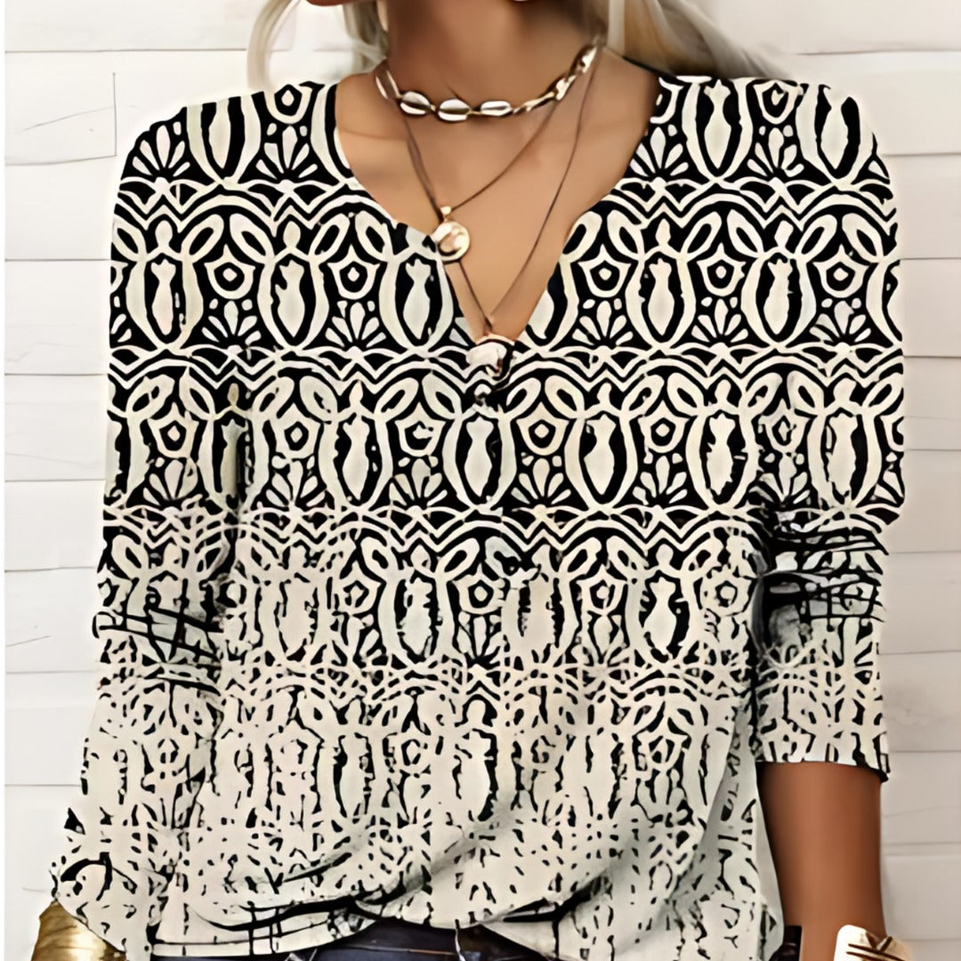 Printed V-Neck Blouse | Lightweight Drape | Tribal-Inspired Pattern