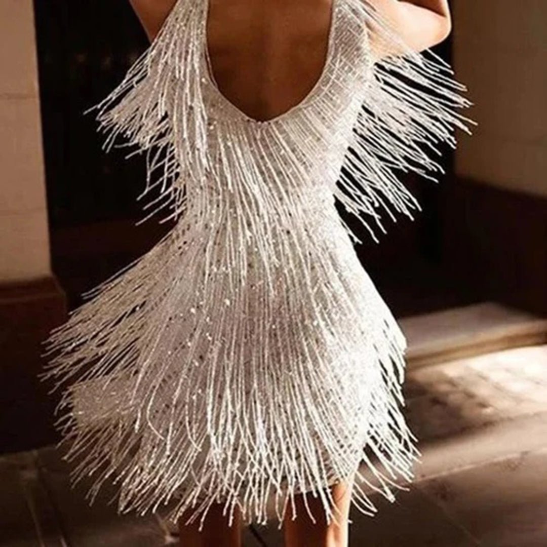 Glamorous Fringe Mini Dress | Sparkling Party Style | Lightweight Polyester | Evening Wear