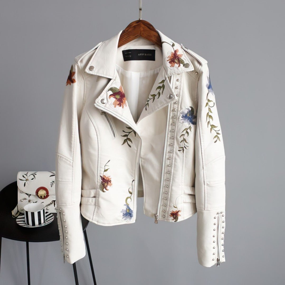 Embroidered Faux Leather Jacket | Floral Detail | Asymmetrical Zip | Edgy Chic