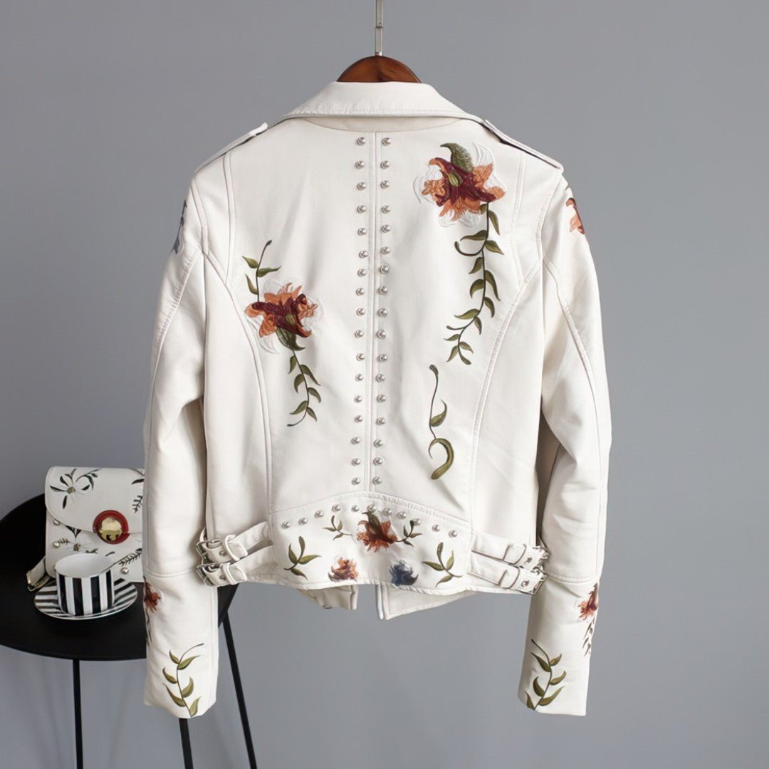 Embroidered Faux Leather Jacket | Floral Detail | Asymmetrical Zip | Edgy Chic