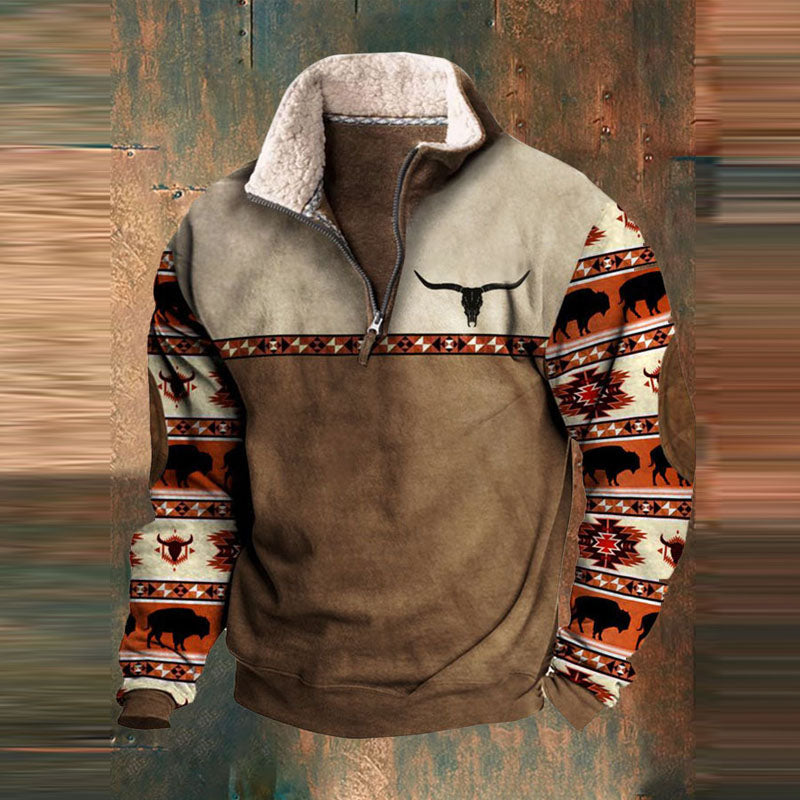 Men’s Quarter-Zip Fleece Pullover | Patterned Sleeves | Warm Winter Sweatshirt