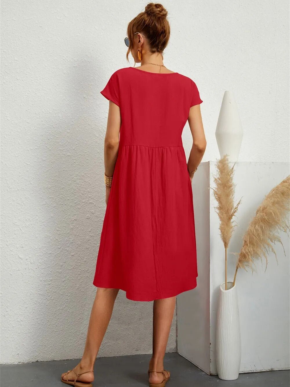 Cotton Blend Pocket Dress | Crew Neck | Casual Cap Sleeve