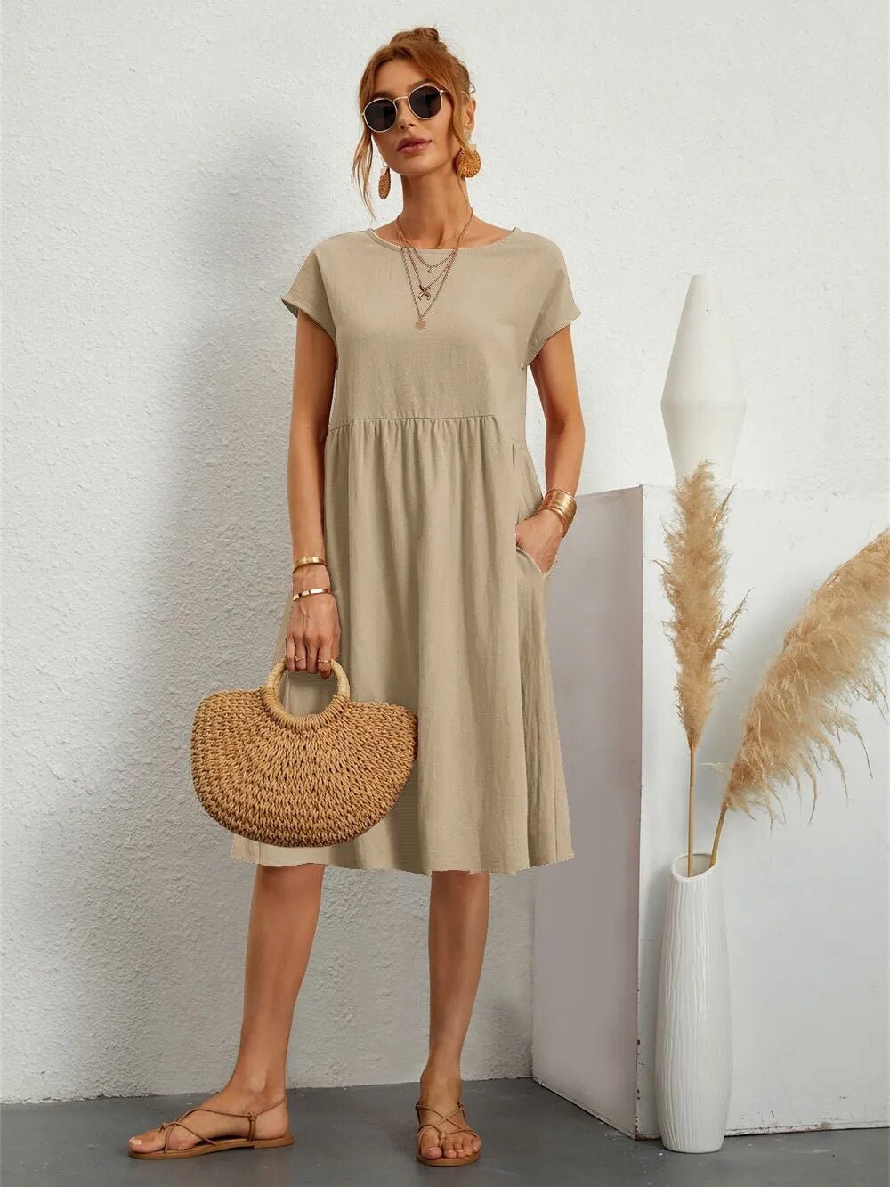 Cotton Blend Pocket Dress | Crew Neck | Casual Cap Sleeve