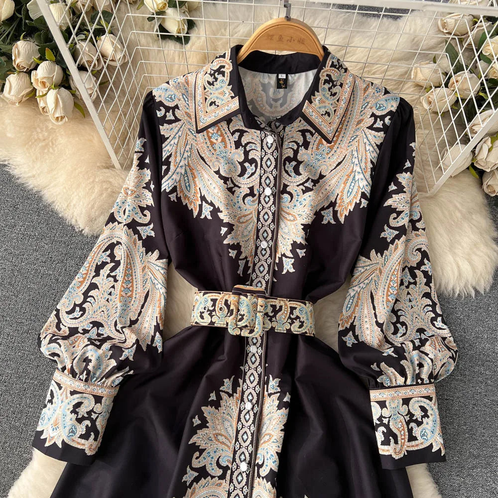 Satin Belted Maxi Dress | Paisley Print Shirt Dress | Long Sleeve Formal Fit