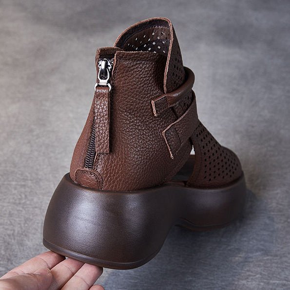 Perforated Leather Platform Sandals | Supportive Sole with Zip Closure
