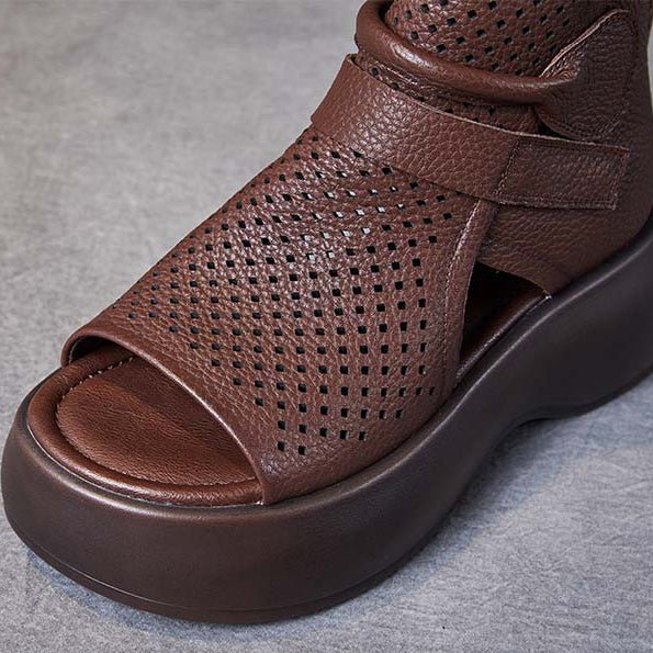 Perforated Leather Platform Sandals | Supportive Sole with Zip Closure