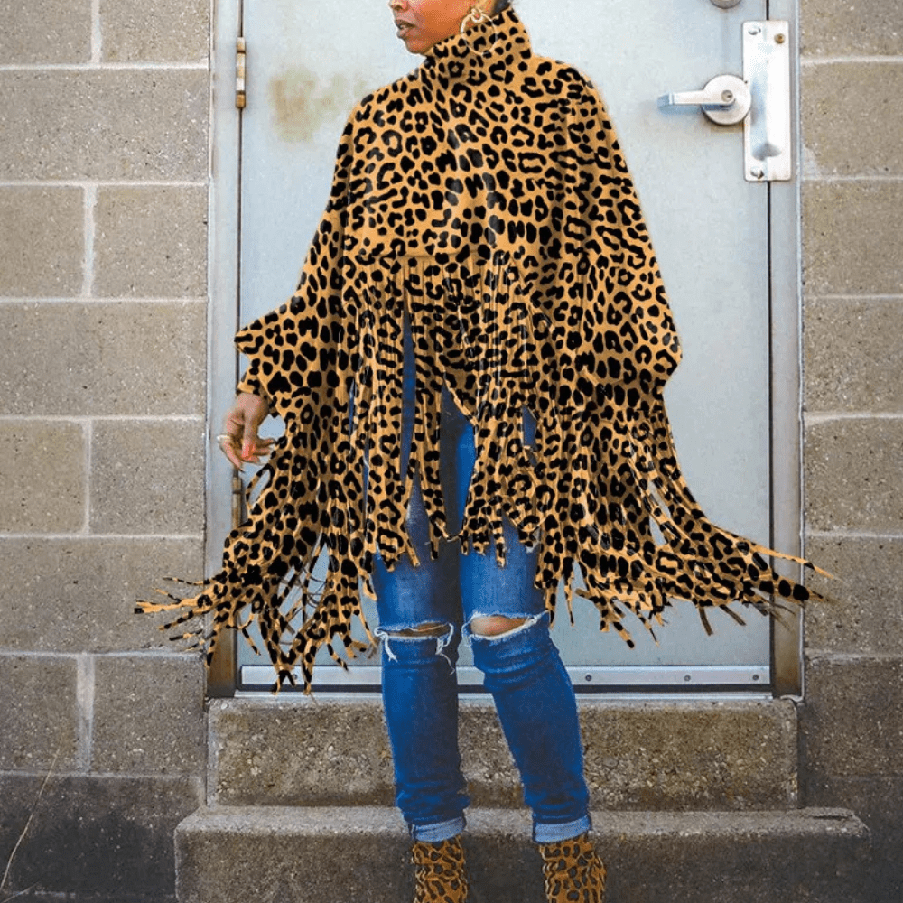 Leopard Print Fringe Poncho | Cozy Knit | Bold Statement Style