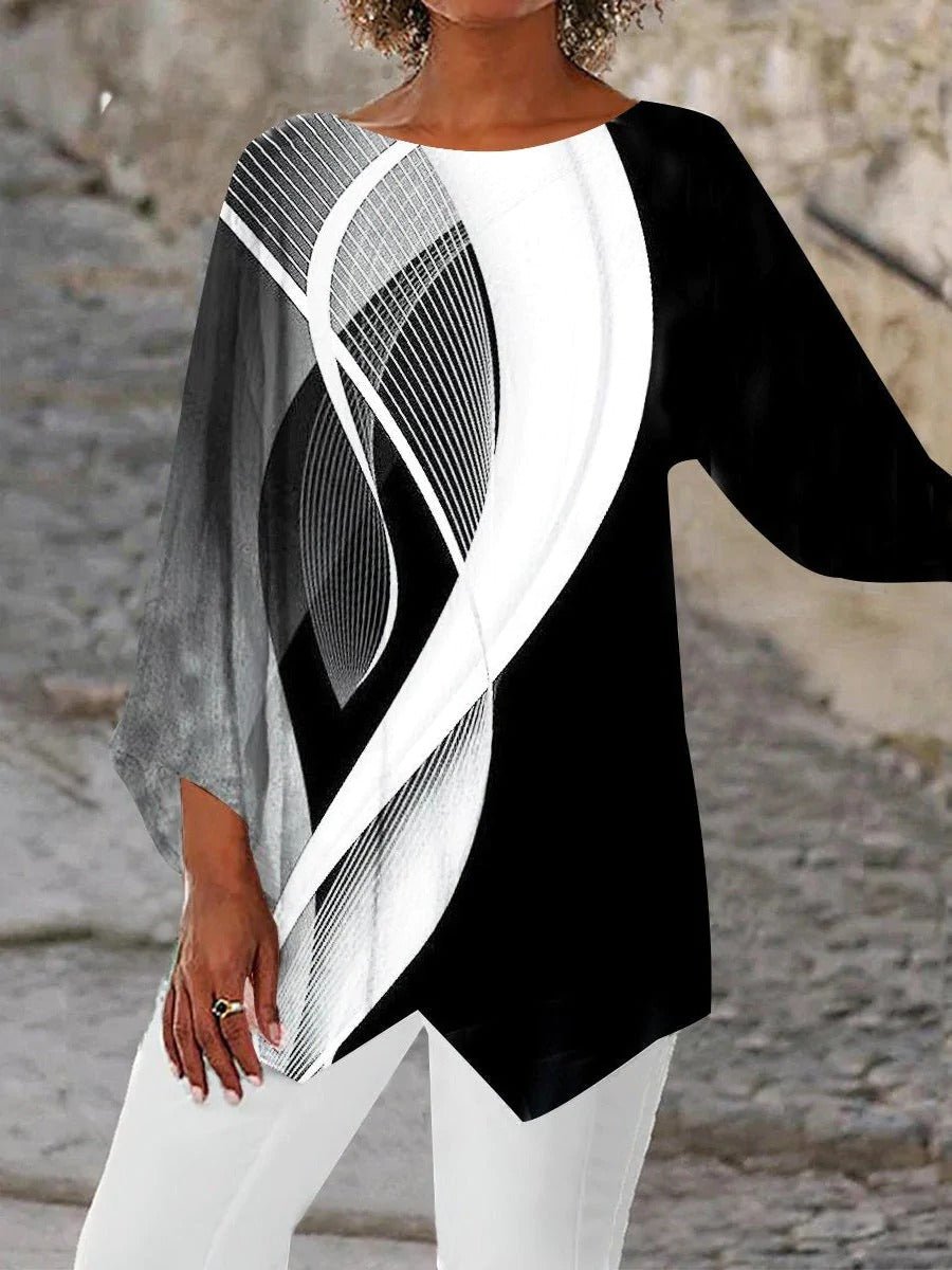 Asymmetric Abstract Tunic | Lightweight 3/4 Sleeve Blouse for Layered Looks