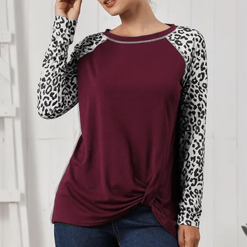 Leopard Print Sleeve Raglan Top | Soft Stretch Fabric | Casual Chic
