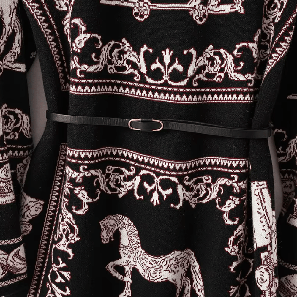 Knit Sweater Dress with Belt | Ornate Horse Jacquard | Mock Neck | Relaxed Fit