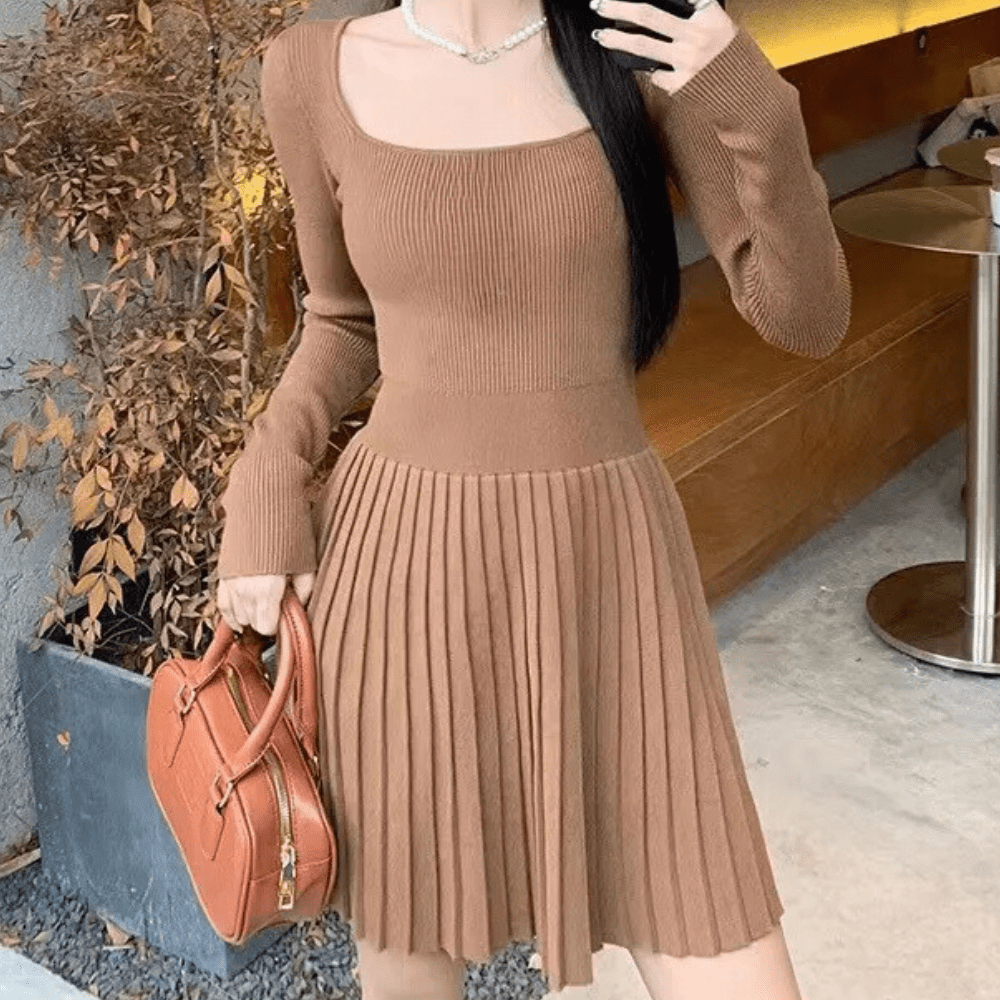 Ribbed Knit Dress with Pleated Skirt | Square Neckline | Elegant Casual Style