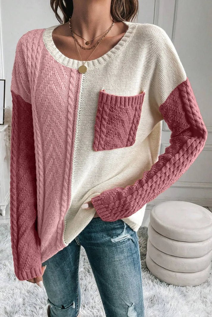 Colour-Block Cable Knit Sweater | Patch Pocket Design | Relaxed Fit | Trendy Fall Style