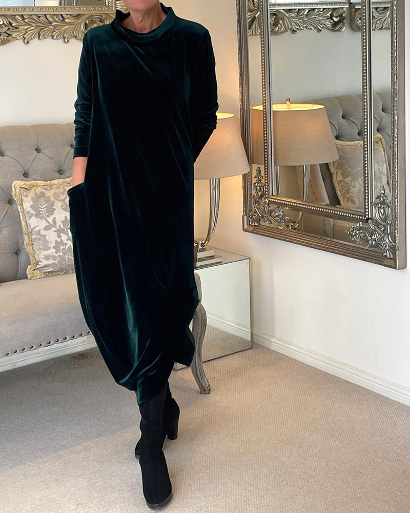 Women's Velvet Midi Dress | Long Sleeve Relaxed Fit | Elegant Fall Winter Outfit