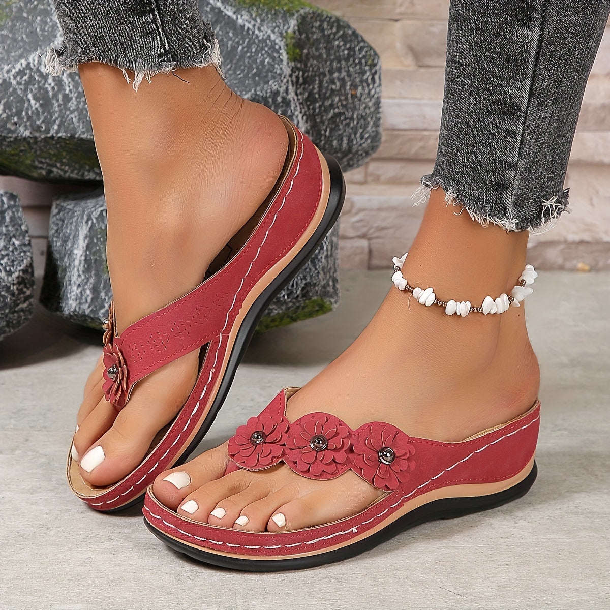 Floral Embellished Flip-Flop Sandals | Cushioned Sole | Casual Summer Comfort