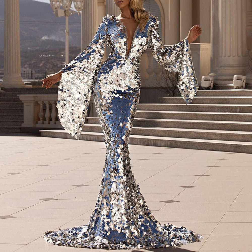 Sequinned Mermaid Gown | Bell Sleeve Detail | High-Impact Evening Wear | Formal Elegance