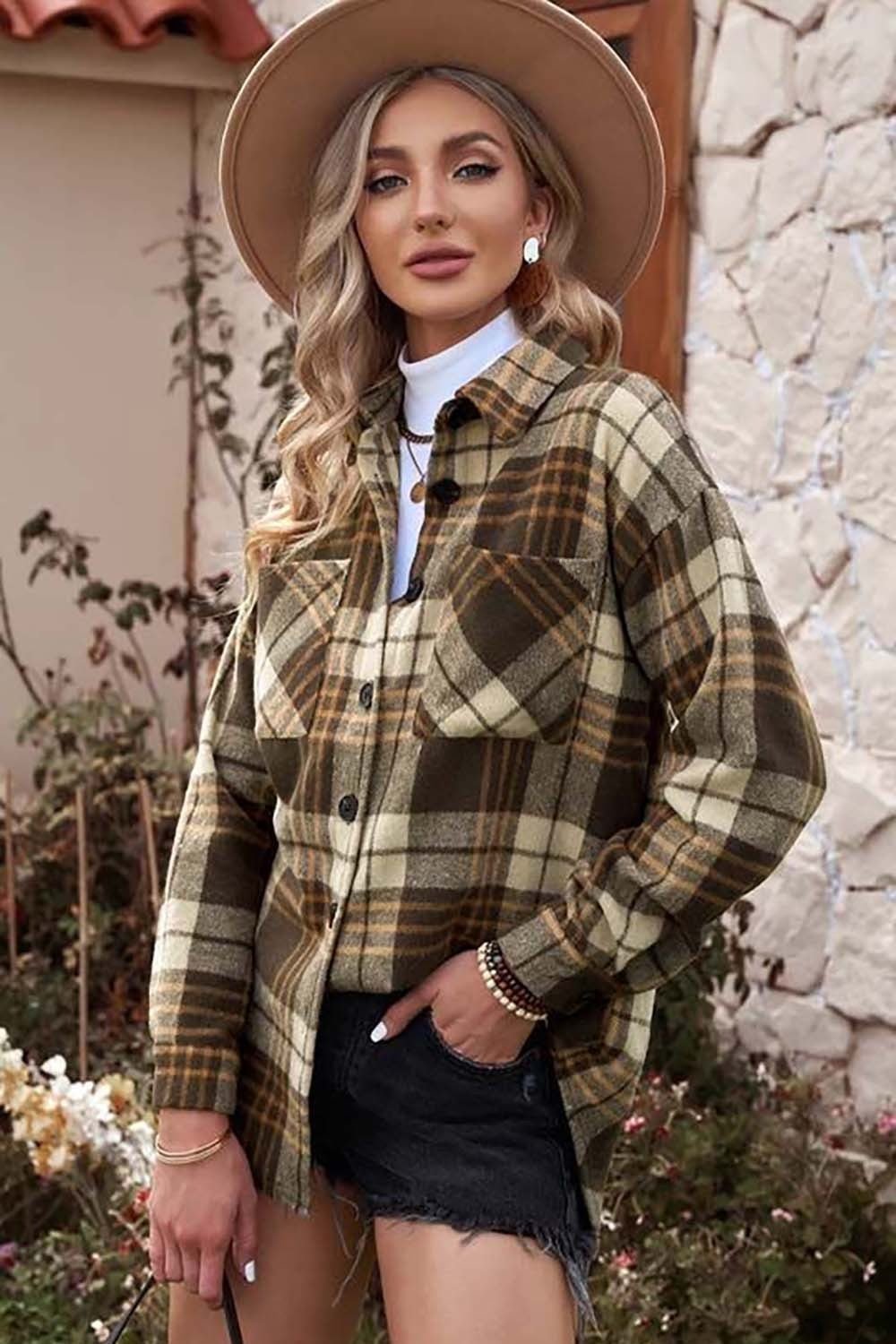 Plaid Button-Down Shacket | Versatile Layering Piece | Polyester Blend | Casual Outerwear