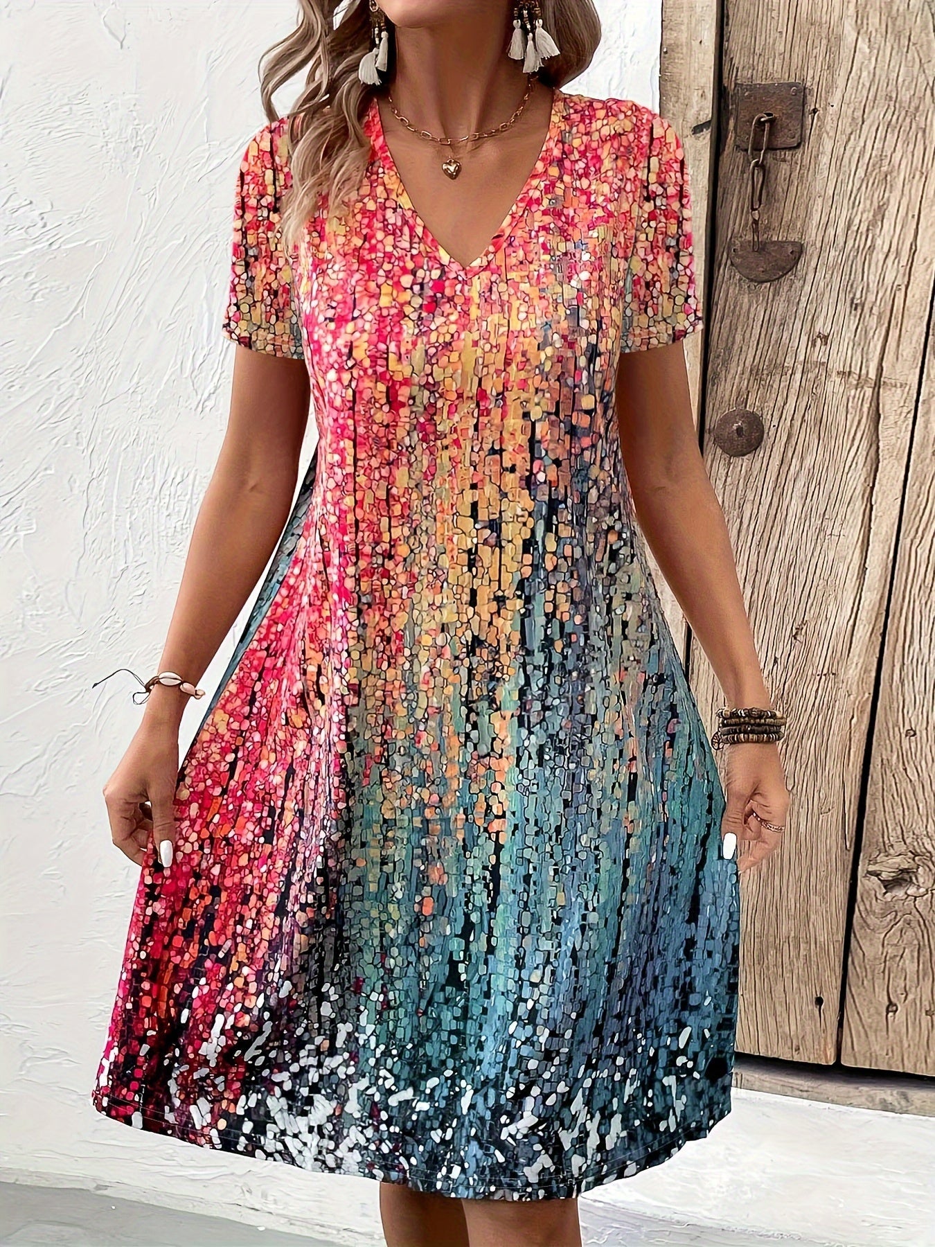 Vibrant Gradient Swing Dress | Abstract Print | Casual Fit with Stretch