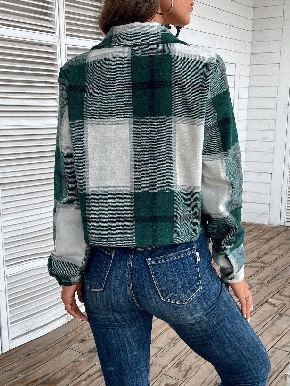 Cropped Plaid Button-Up Jacket | Classic Pattern | Lightweight Polyester Blend | Casual Chic Layer