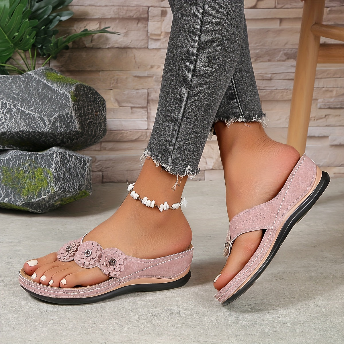 Floral Embellished Flip-Flop Sandals | Cushioned Sole | Casual Summer Comfort