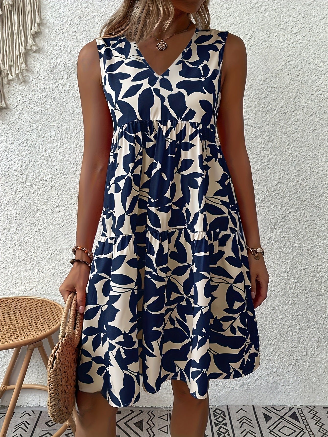 Sleeveless V-Neck Sundress | Tiered A-Line Fit | Navy & Cream Bold Print