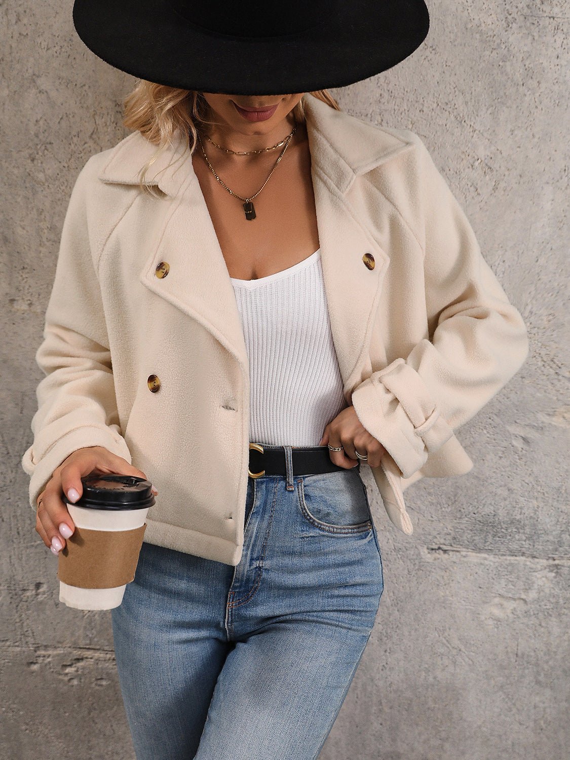 Cropped Double-Breasted Jacket | Tailored Fit | Soft Polyester Blend | Chic Casual Layer