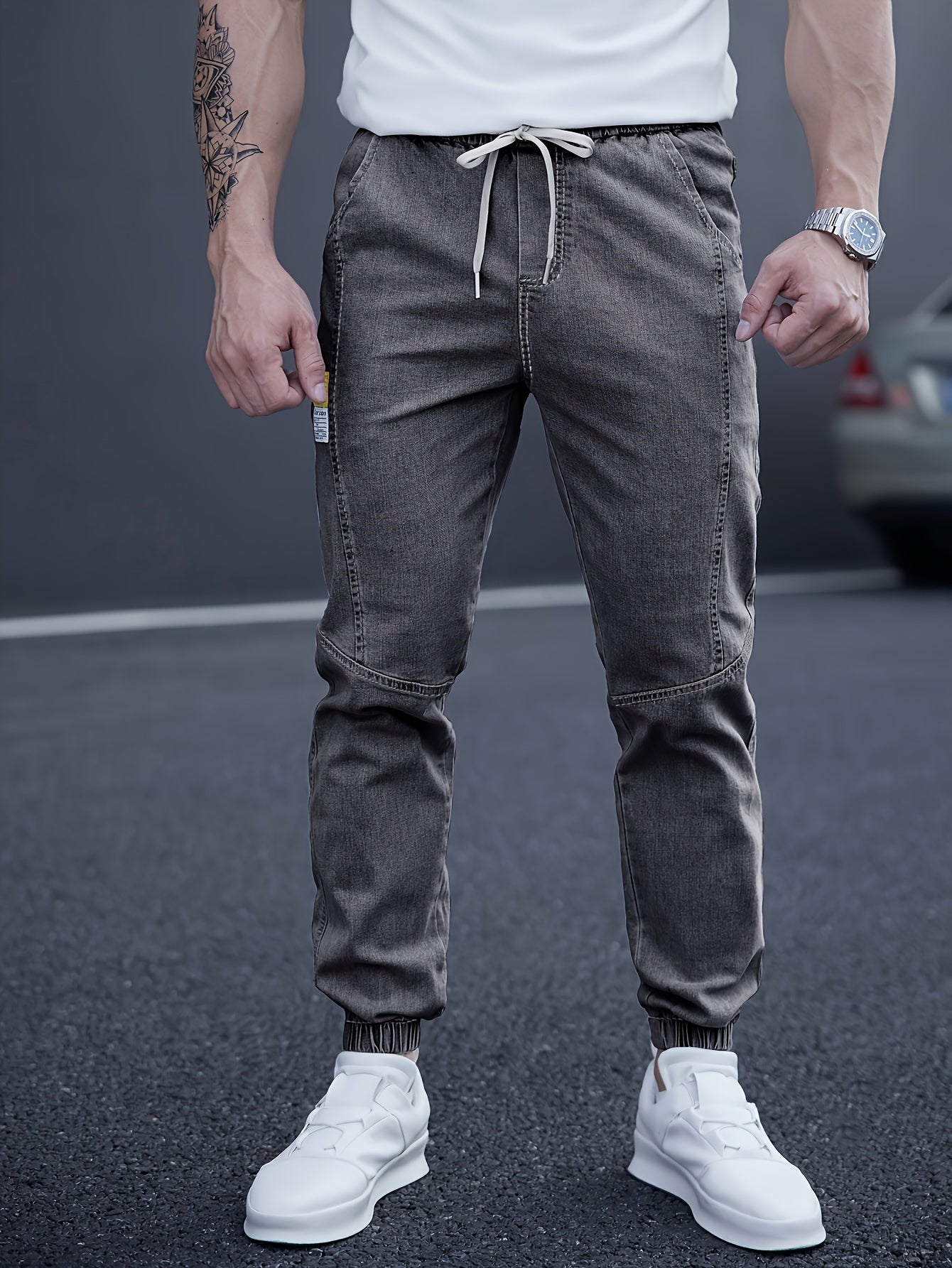 Men’s Drawstring Denim Joggers | Relaxed Fit Streetwear Jeans | Distressed Light Wash