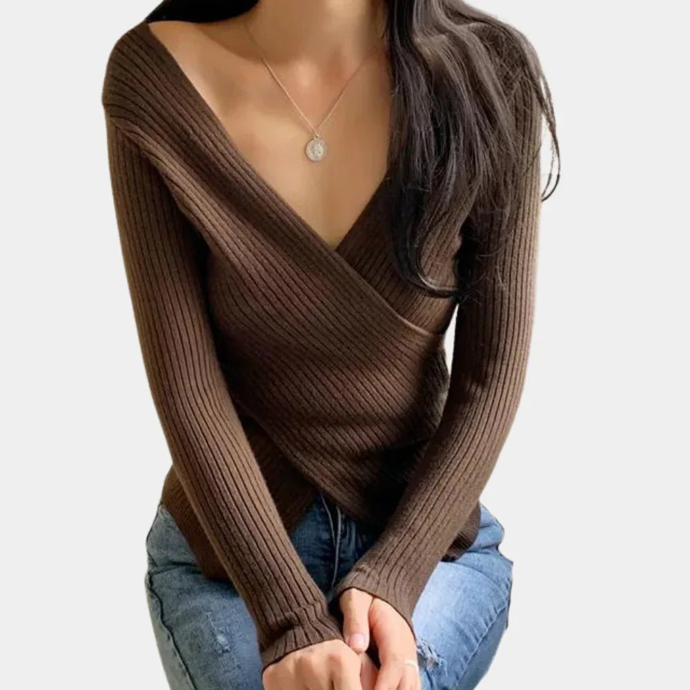 Wrap-Style Ribbed Knit Sweater | Deep V-Neck | Slim Fit