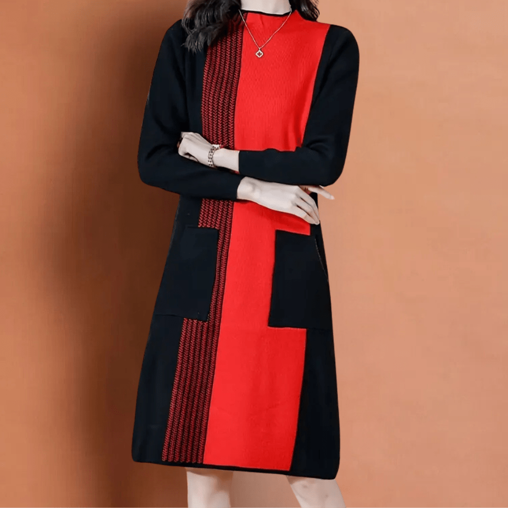 Long Colour-Block Knit Cardigan Dress | Bold Geometric Design | Warm & Stylish