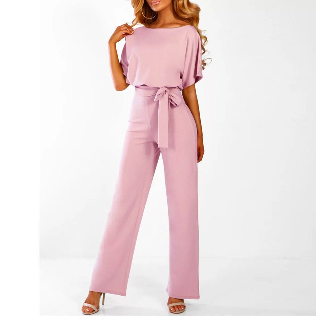 Short Sleeve Belted Jumpsuit | Wide Leg | Draped Crew Neck