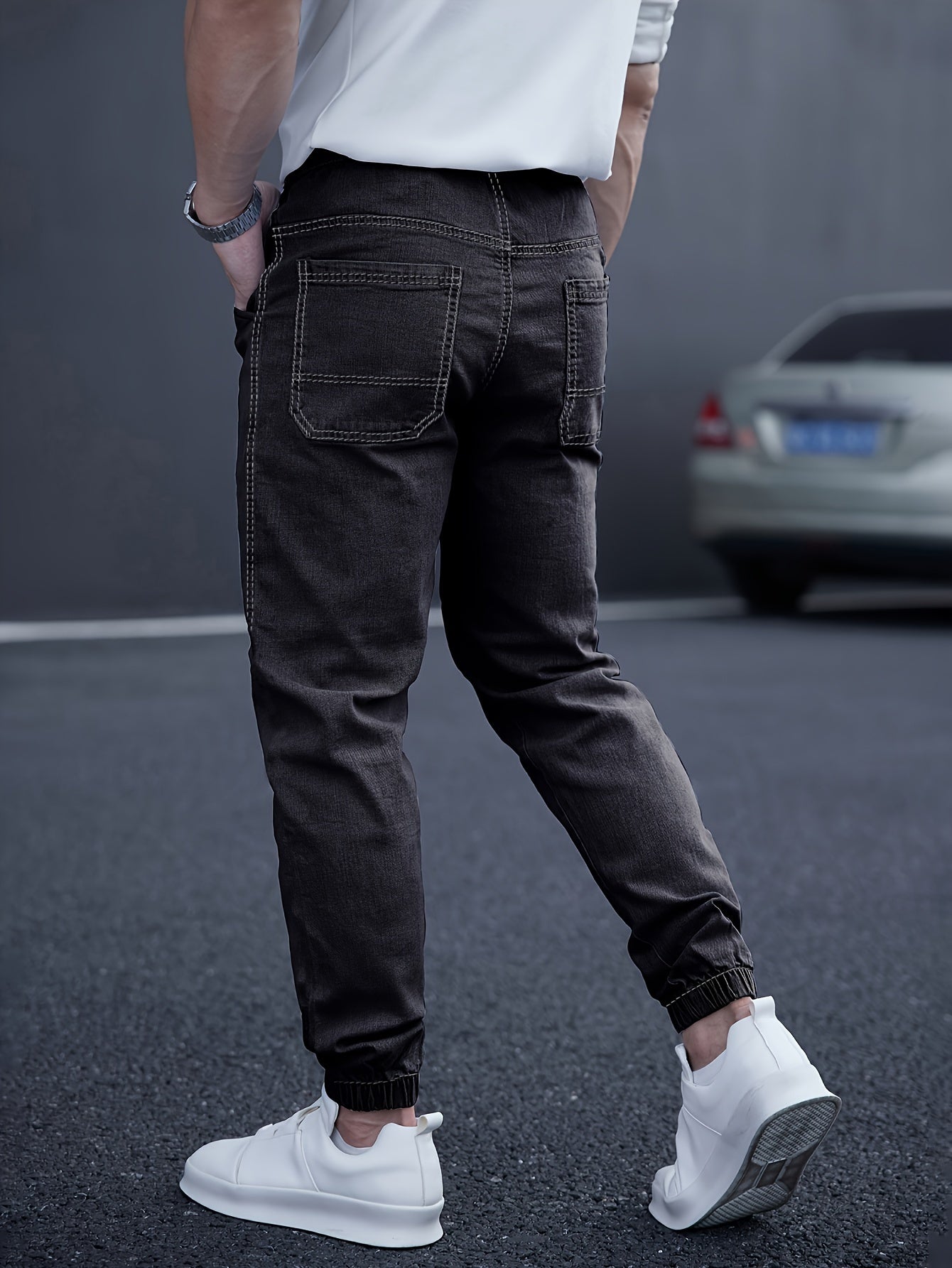 Men’s Drawstring Denim Joggers | Relaxed Fit Streetwear Jeans | Distressed Light Wash