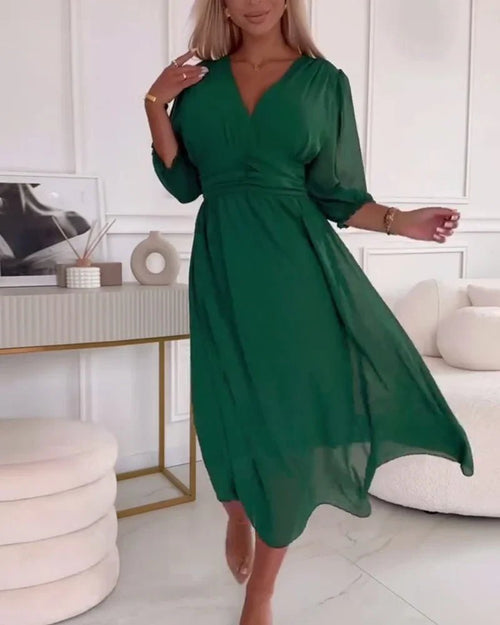 Chiffon Midi Dress | 3/4 Sleeve | V-Neck Ruched Waist Silhouette