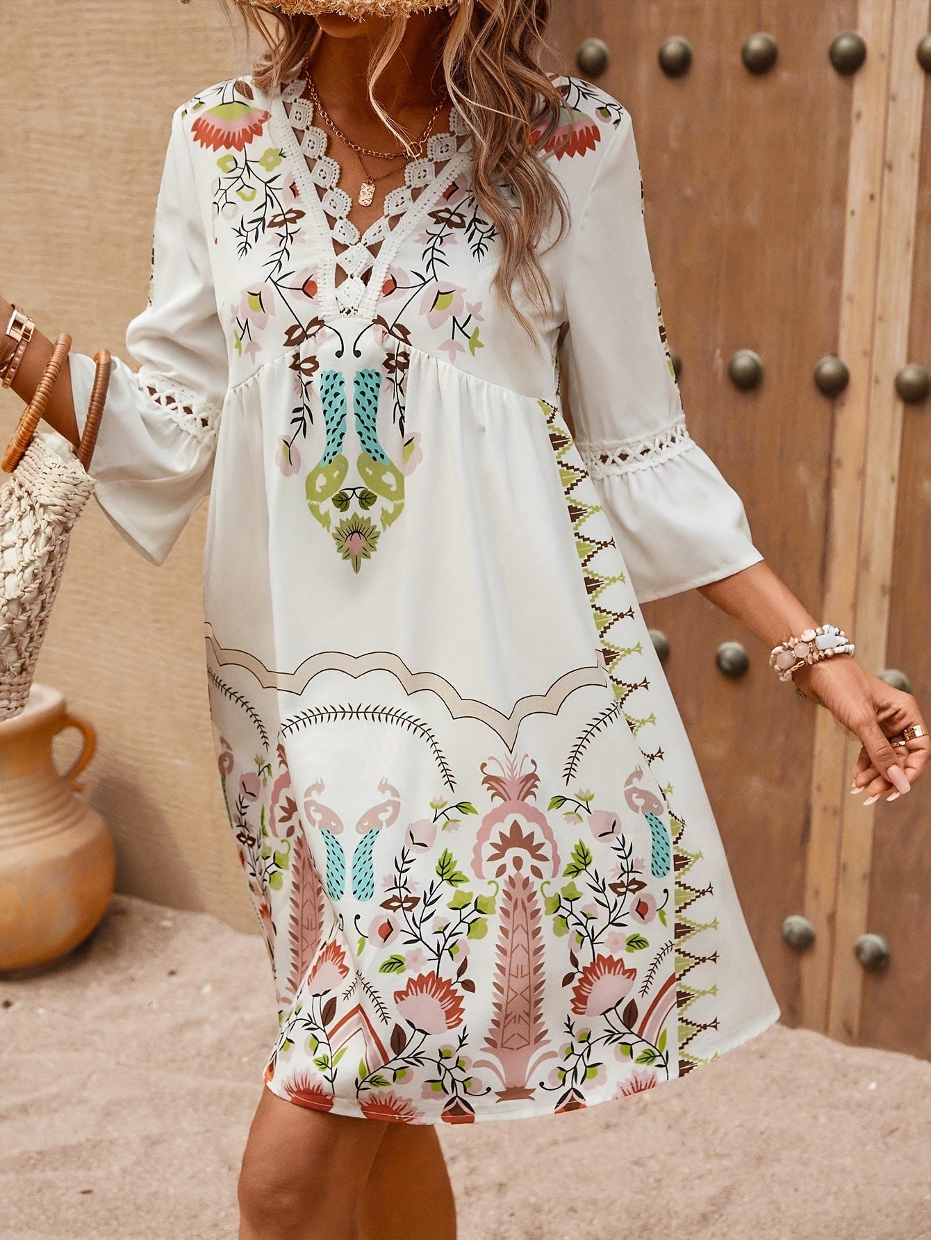 Boho Embroidered Mini Dress | 3/4 Sleeve Cotton Blend | Relaxed Summer Tunic Style