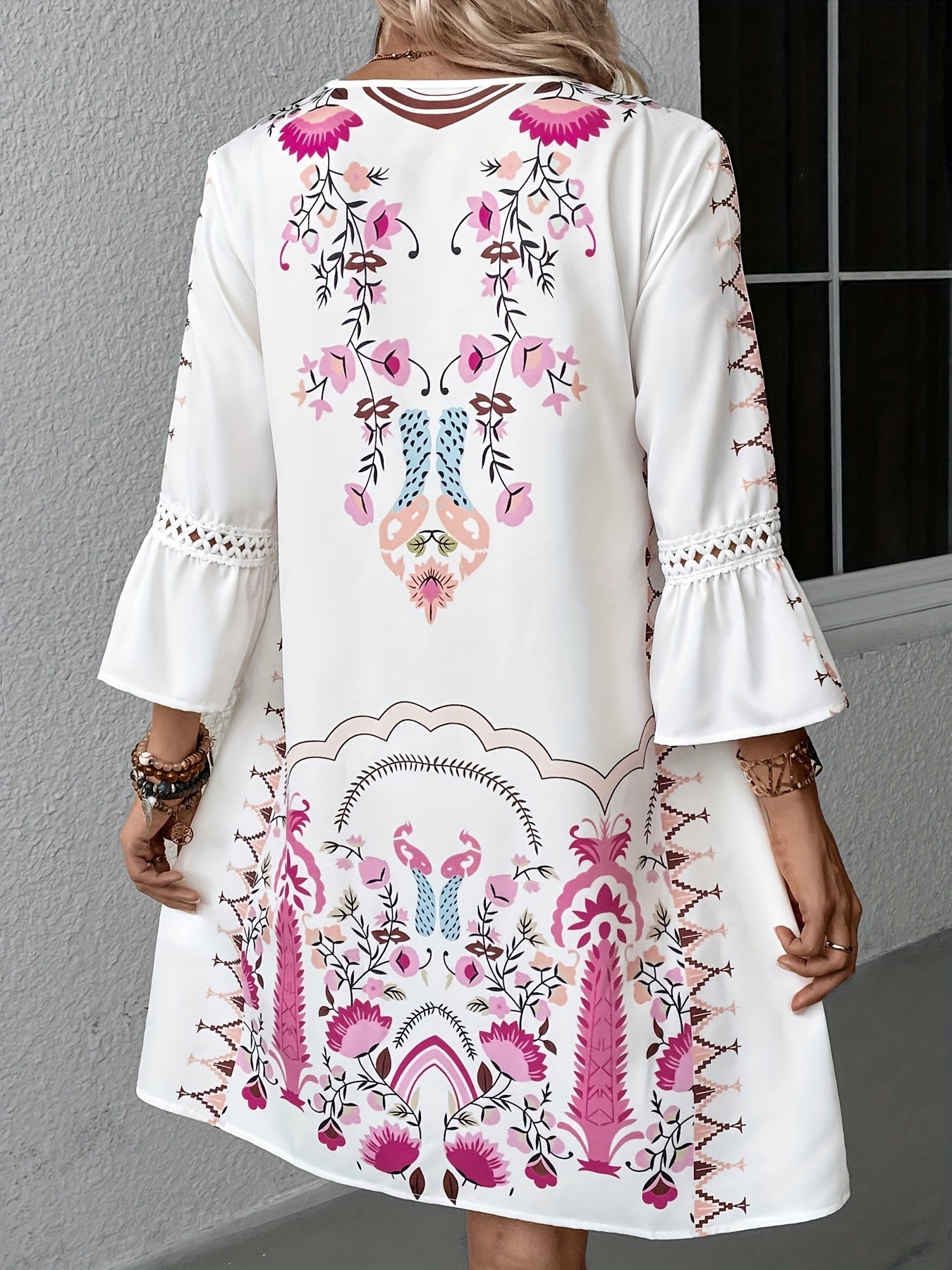 Boho Embroidered Mini Dress | 3/4 Sleeve Cotton Blend | Relaxed Summer Tunic Style