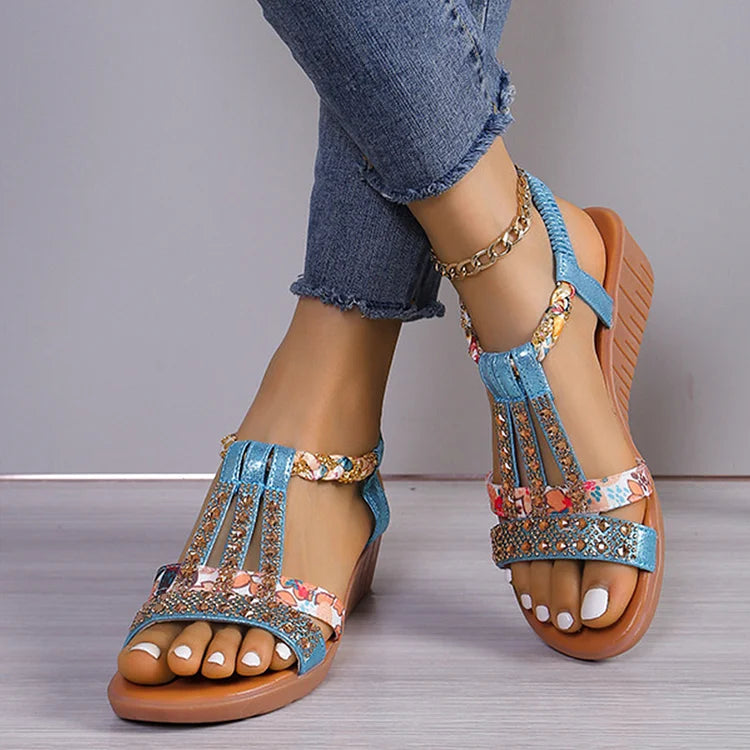 Women’s Rhinestone Wedge Sandals | Elastic Slingback Summer Shoes | Cushioned Comfort with Sparkle