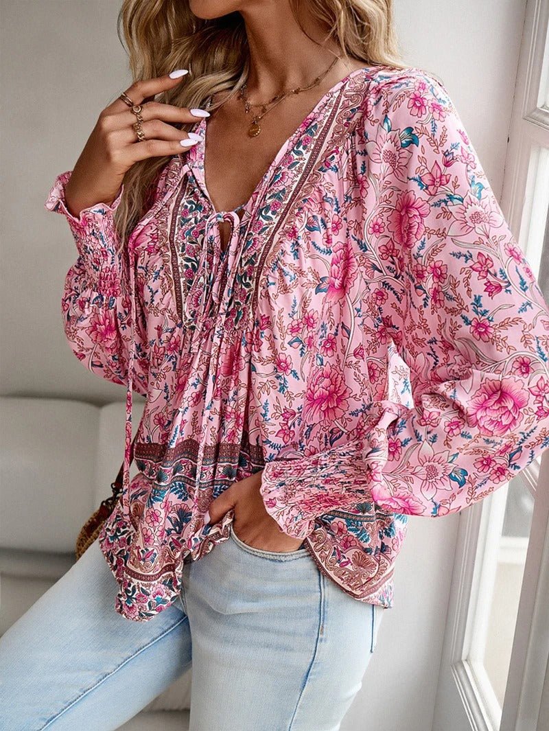 Boho Floral Peasant Blouse | Lightweight Rayon | Tie Neck Detail
